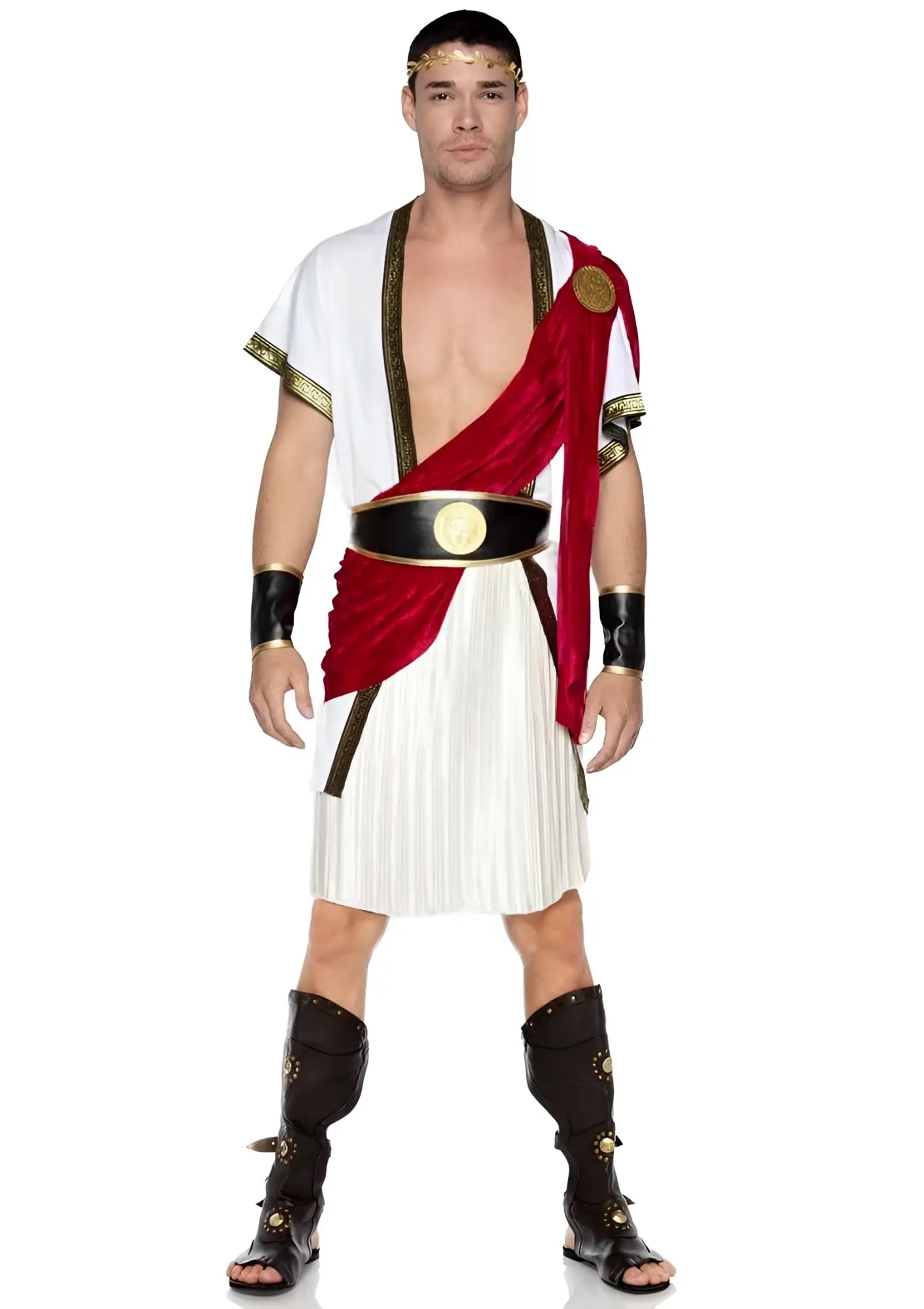 Leg avenue roman emperor caesar costume xl white pleated tunic with gold trim and red velvet sash with black sandals