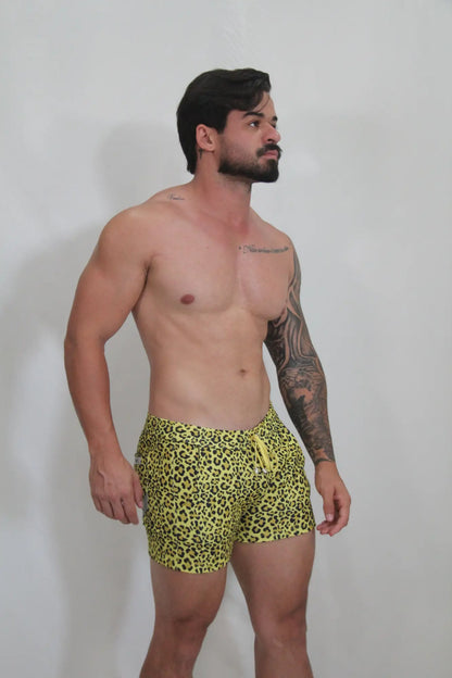 Bright yellow leopard fleece short swim trunks with drawstring waistband for comfortable beachwear