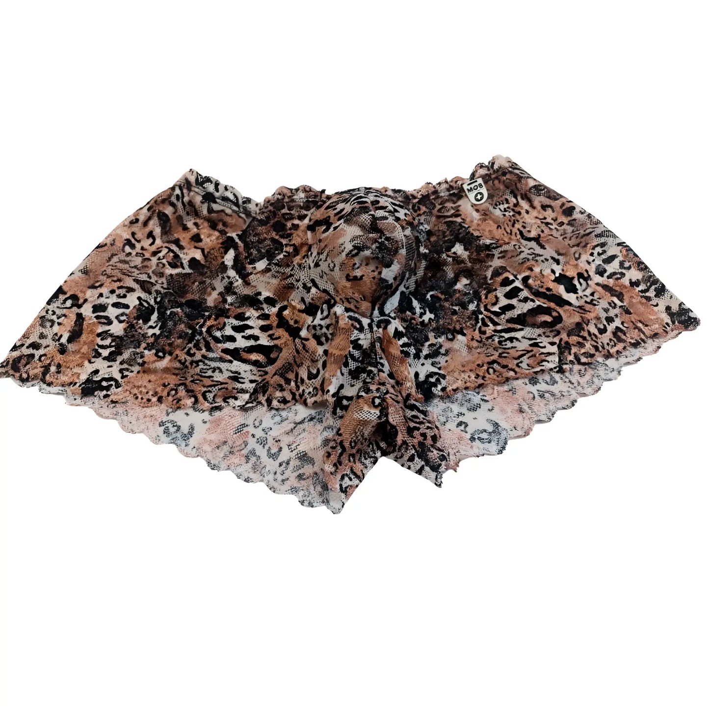 A sheer leopard print scarf with scalloped edge and delicate lace trim paired with leopard mob eroticwear lace mini boy shorts
