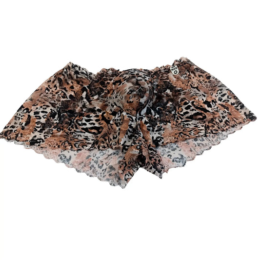 A sheer leopard print scarf with scalloped edge and delicate lace trim paired with leopard mob eroticwear lace mini boy shorts