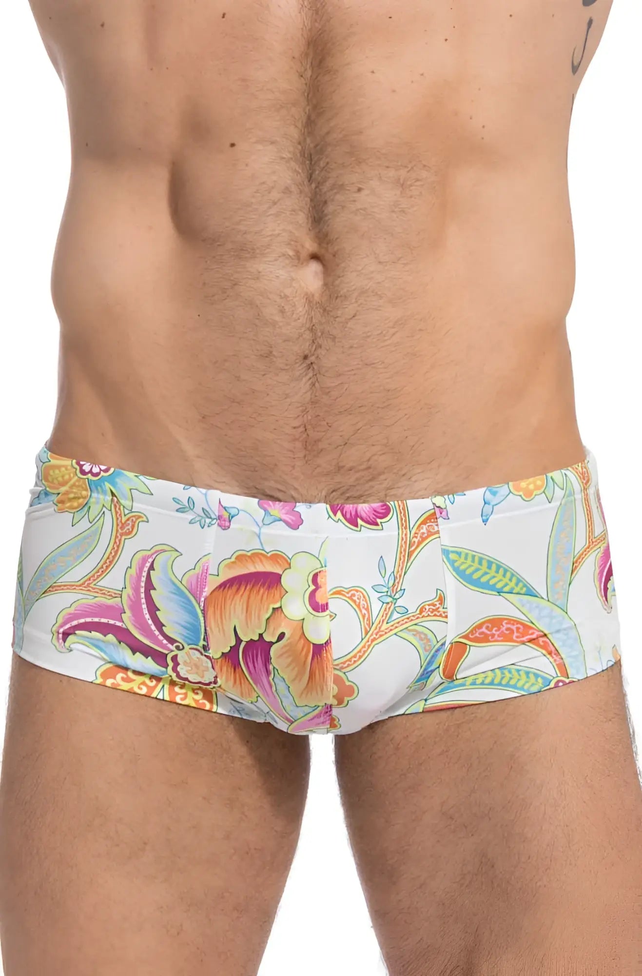 White lhomme invisible pattaya hipster swim trunks with colorful pink orange blue green floral pattern size l