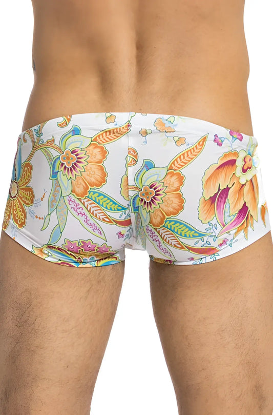 White swim trunks with vibrant orange pink and green floral pattern lhomme invisible pattaya hipster square cut size l