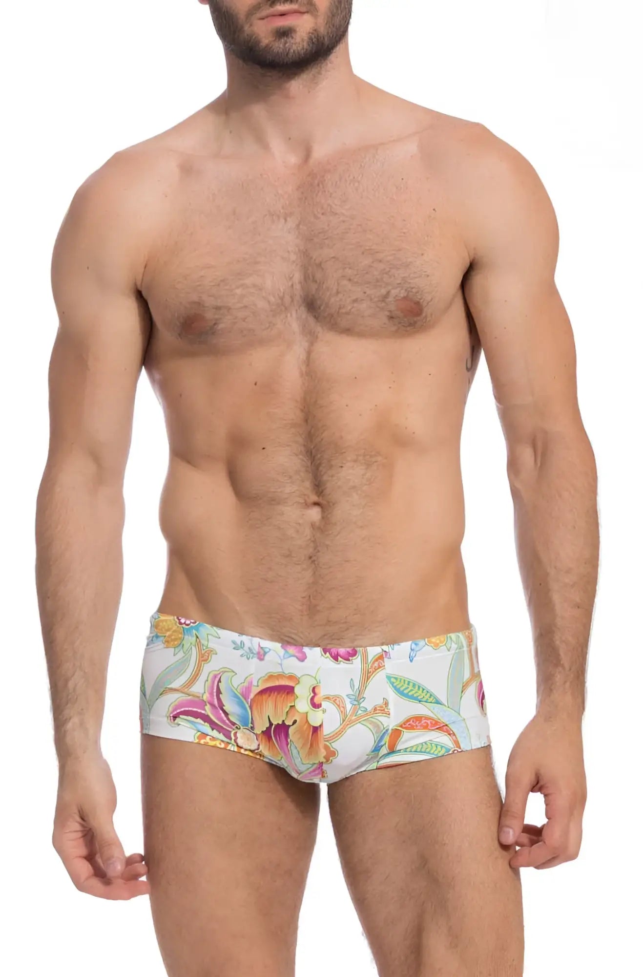 White swim trunks with vibrant pink orange green and yellow floral pattern lhomme invisible pattaya hipster square cut trunk size l