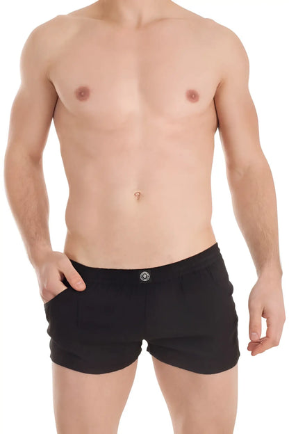 Black l’homme invisible sensations lounge shorts size m with subtle logo button at the waistband