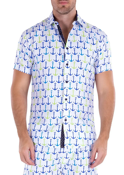A men’s short-sleeved button-up shirt with blue and lime green anchor pattern on white titled life’s better on a boat s/s shirt
