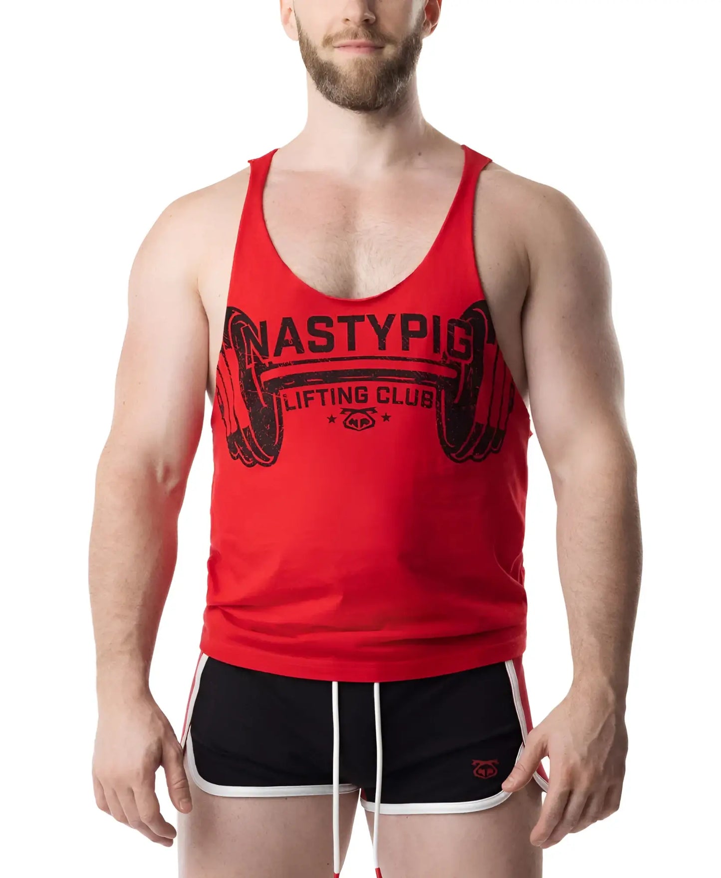 Red cotton lift club skank tank top with black barbell graphic and nastypic lifting club text on the chest