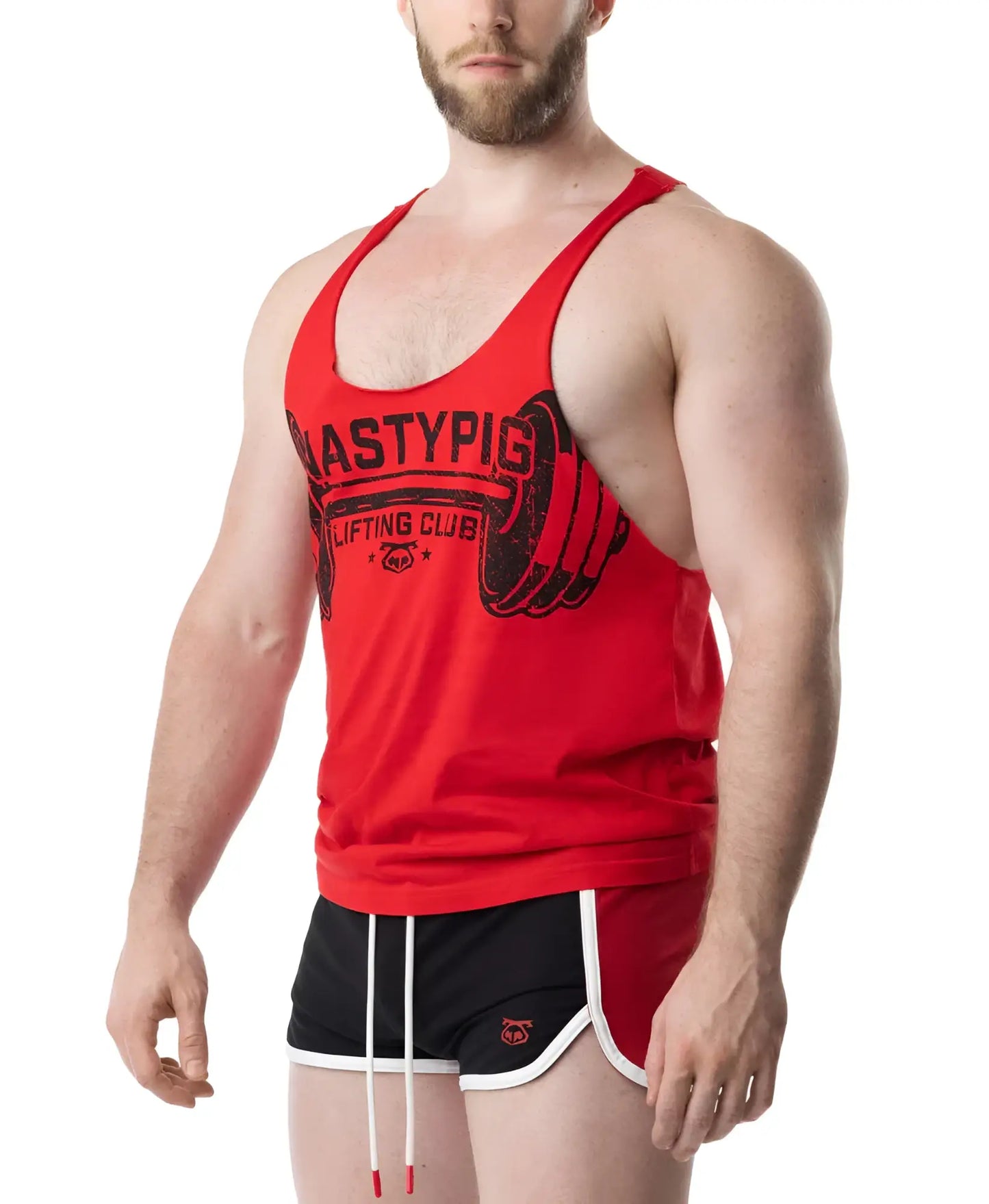 Red mastypig lifting club tank top with black graphic design ideal for gym and casual wear