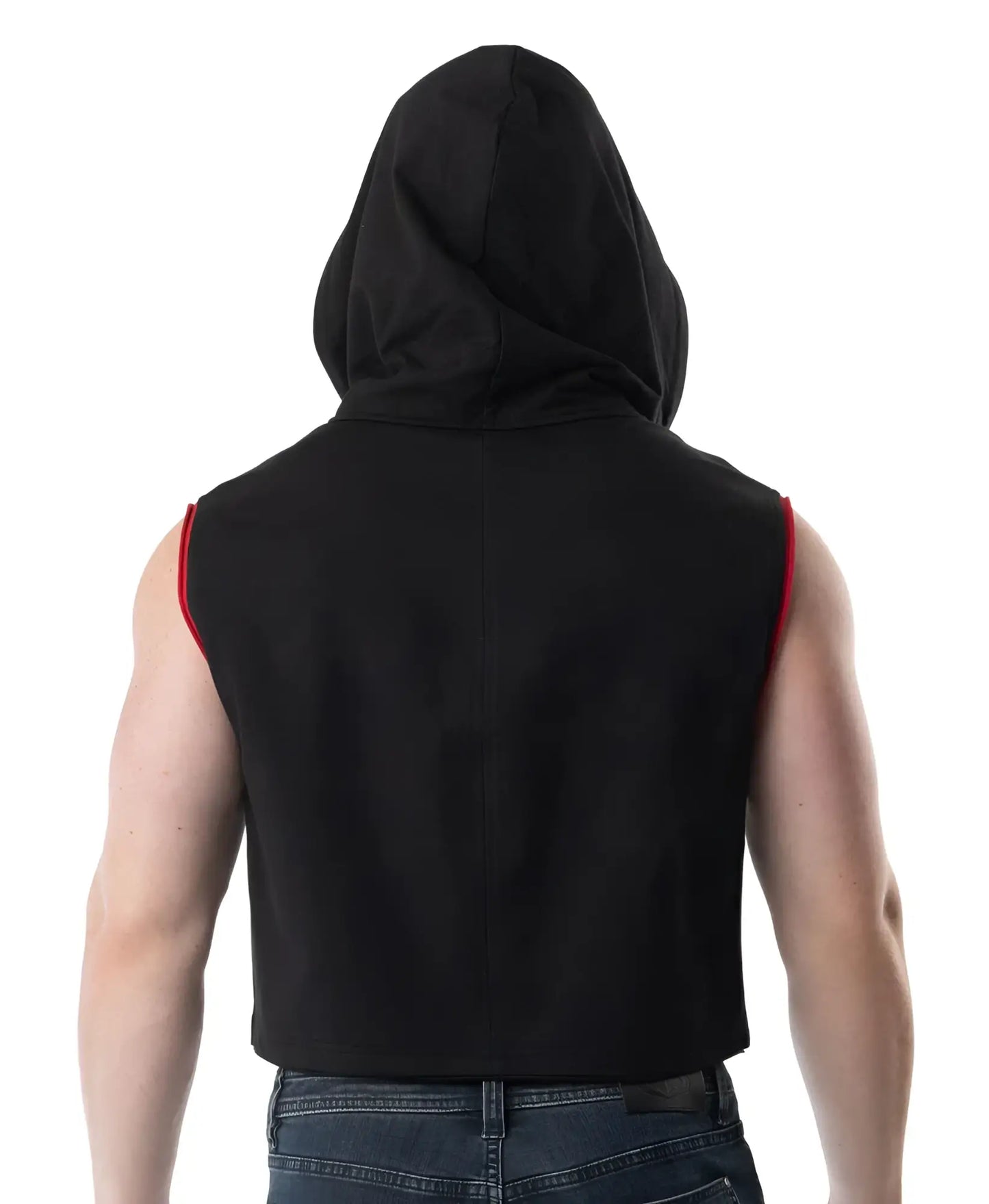 Black hooded sleeveless crop top with red trim along armholes from lift club sleeveless hoodie collection