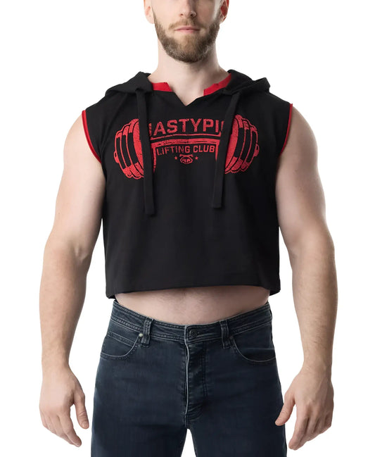 Black sleeveless hoodie crop top with red trim featuring a bold barbell graphic across the chest for lifting workouts