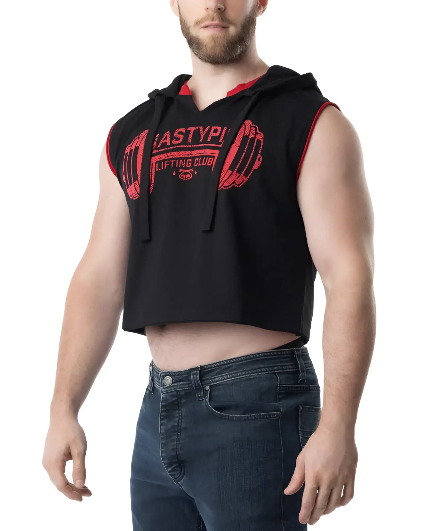 Black sleeveless hoodie with red trim and barbell graphic across the chest designed for lift club workouts
