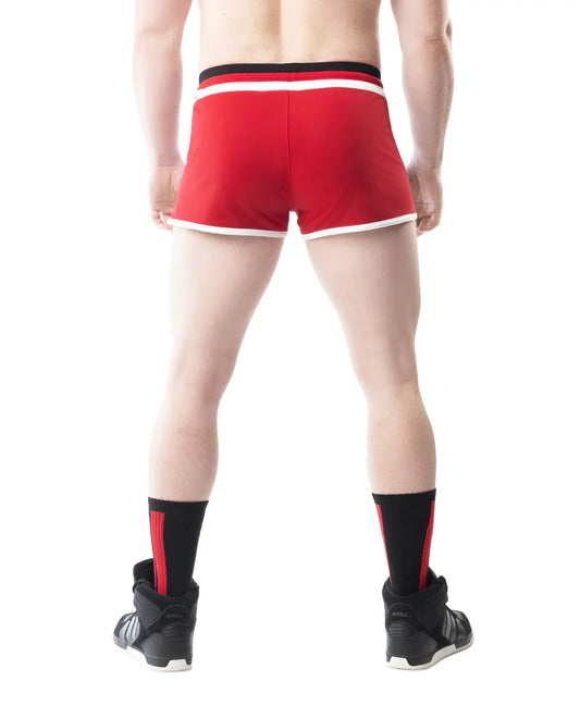 Lift Club Trunk Short red athletic shorts with white and black trim designed for active performance and comfort