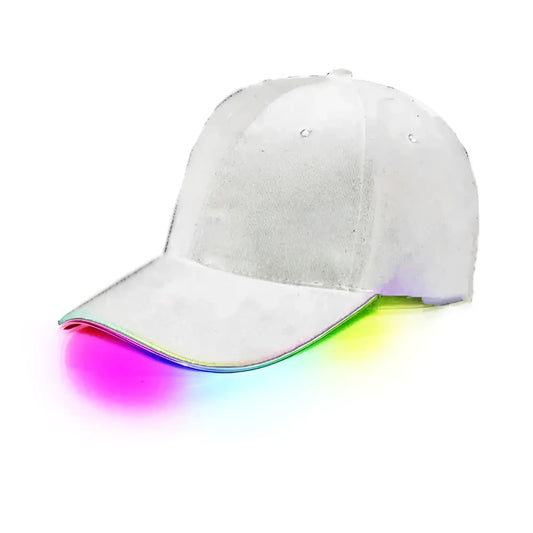 White baseball cap with glowing rainbow led trim along the brim light up brim cap for nightwear
