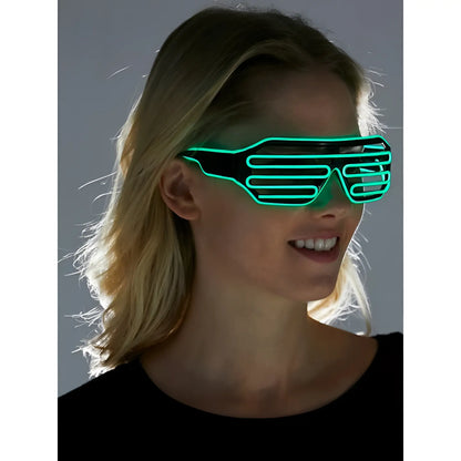 Light up glasses with green led horizontal glowing stripes and black frame designed for stylish nighttime wear