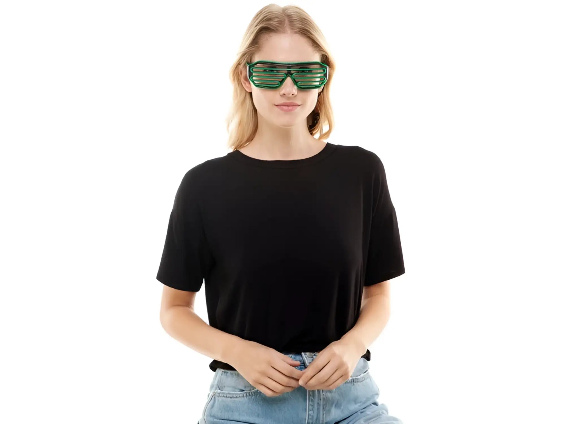 Green plastic light up glasses with horizontal slats designed for fun and novelty wear
