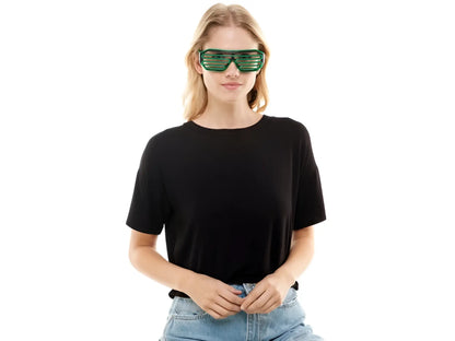 Green plastic light up glasses with horizontal slats designed for fun and novelty wear