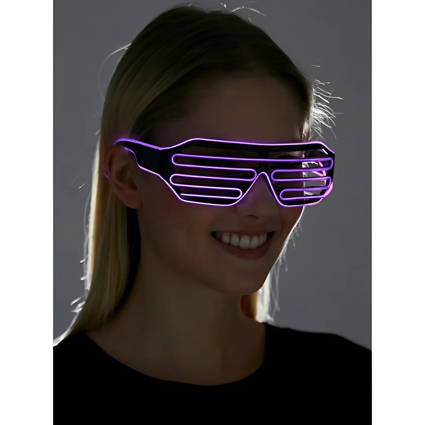 Purple led-lit light up glasses with sleek black frame and horizontal glowing stripes for stylish nighttime wear