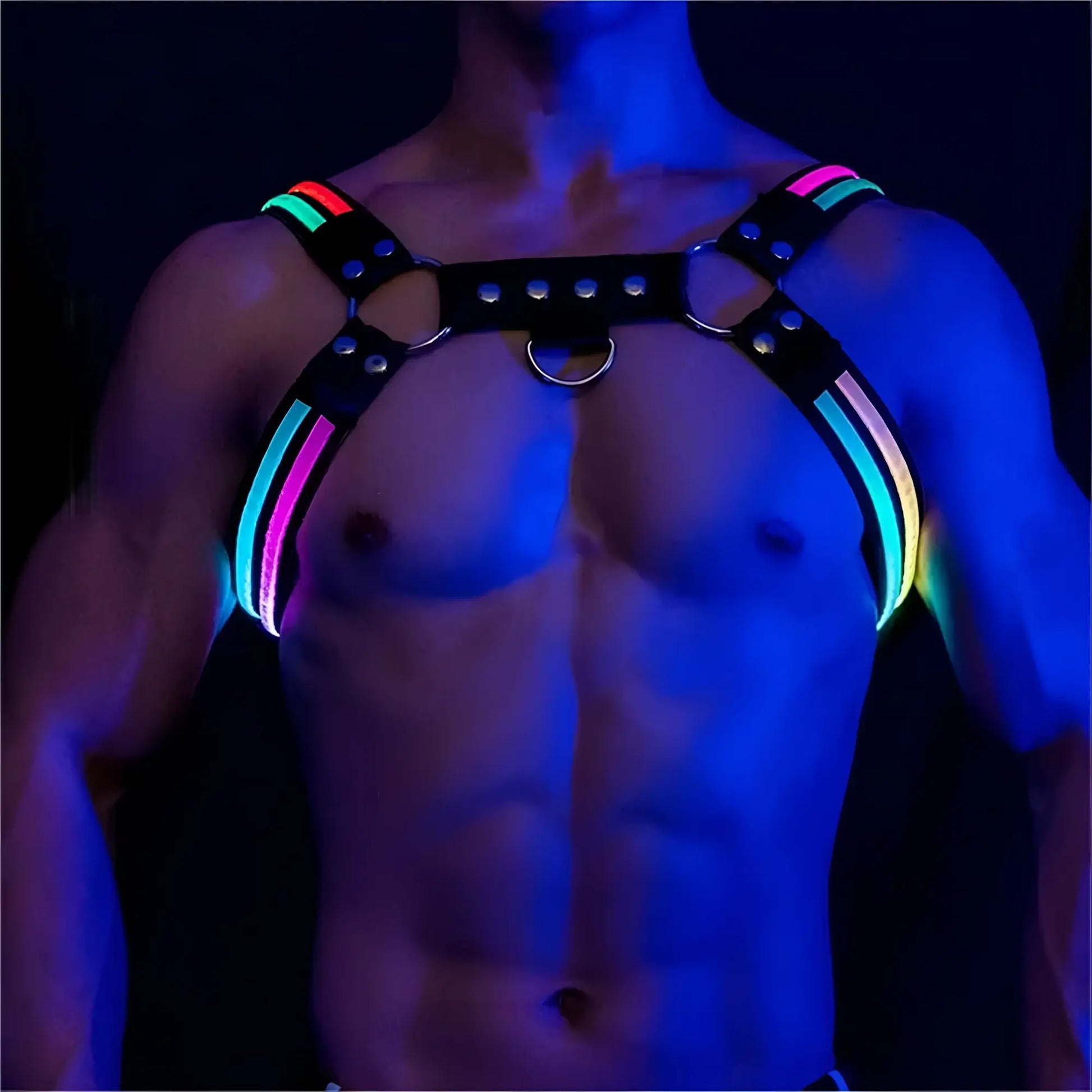 Black leather light-up glow harness with glowing rainbow led strips and silver metal hardware