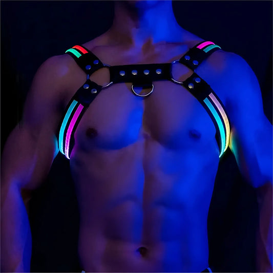 Black leather light-up glow harness with glowing rainbow led strips and silver metal hardware