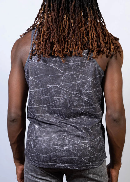 Black tank top with a white crackle lightning print pattern perfect for casual wear
