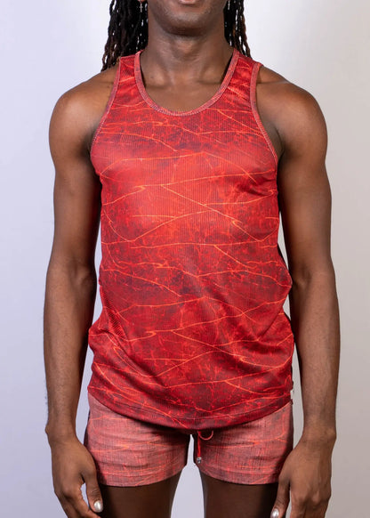 Red lightning print tank top featuring a crackled pattern and subtle vertical ribbing in textured fabric