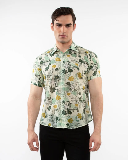 Lightweight cotton silk short-sleeved shirt in light cream with yellow floral pattern and green mint accents