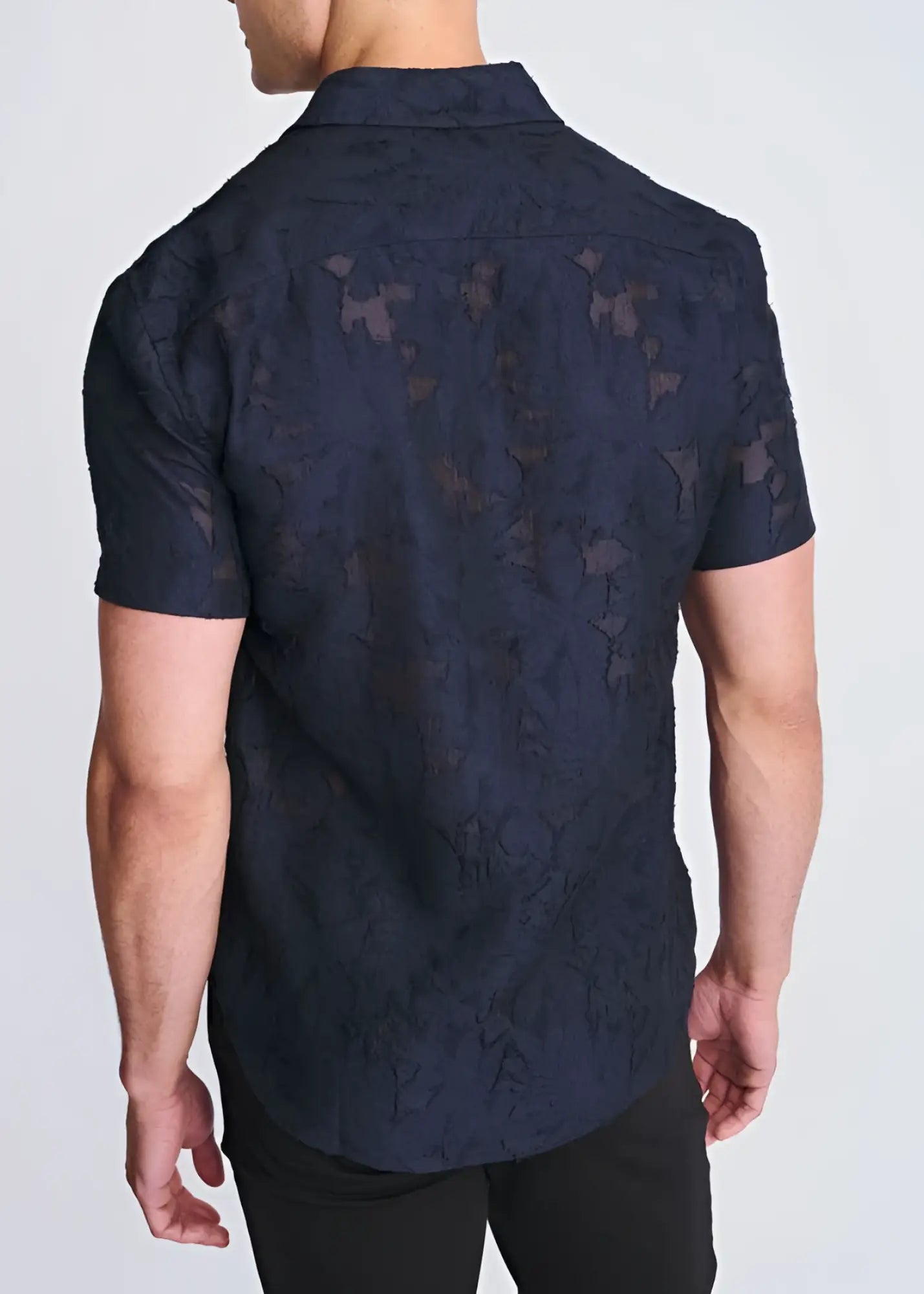 Dark navy lightweight jacquard short-sleeved button-down shirt with subtle textured pattern perfect for warm weather