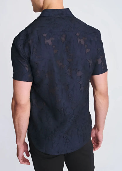 Dark navy lightweight jacquard short-sleeved button-down shirt with subtle textured pattern perfect for warm weather
