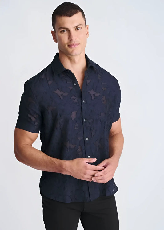 Lightweight dark navy short-sleeved button-up shirt with subtle textured jacquard pattern for warm weather