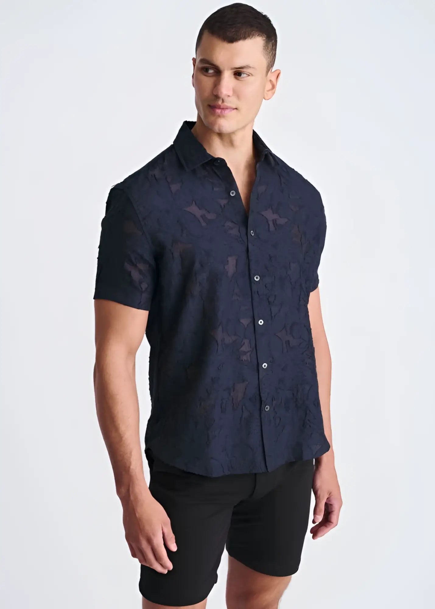 Lightweight jaquard s s shirt dark navy short-sleeved button-up with subtle textured star pattern