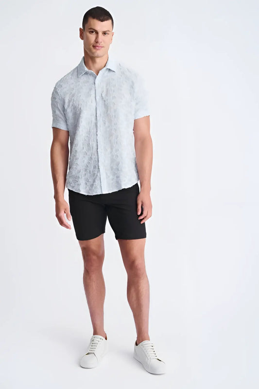 Light blue lightweight jacquard short-sleeved shirt with a subtle floral pattern perfect for warm weather