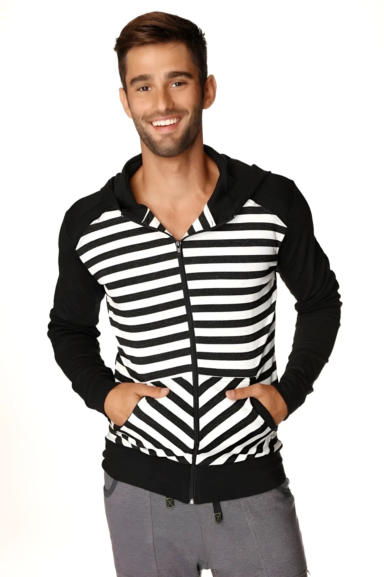 Limited edition form-fit crossover yoga track fleece hoodie in black with white stripes and chevron pattern front