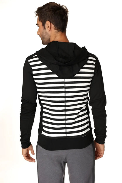 Limited edition black and white striped form-fit crossover yoga track fleece hoodie with solid black hood sleeves and hem