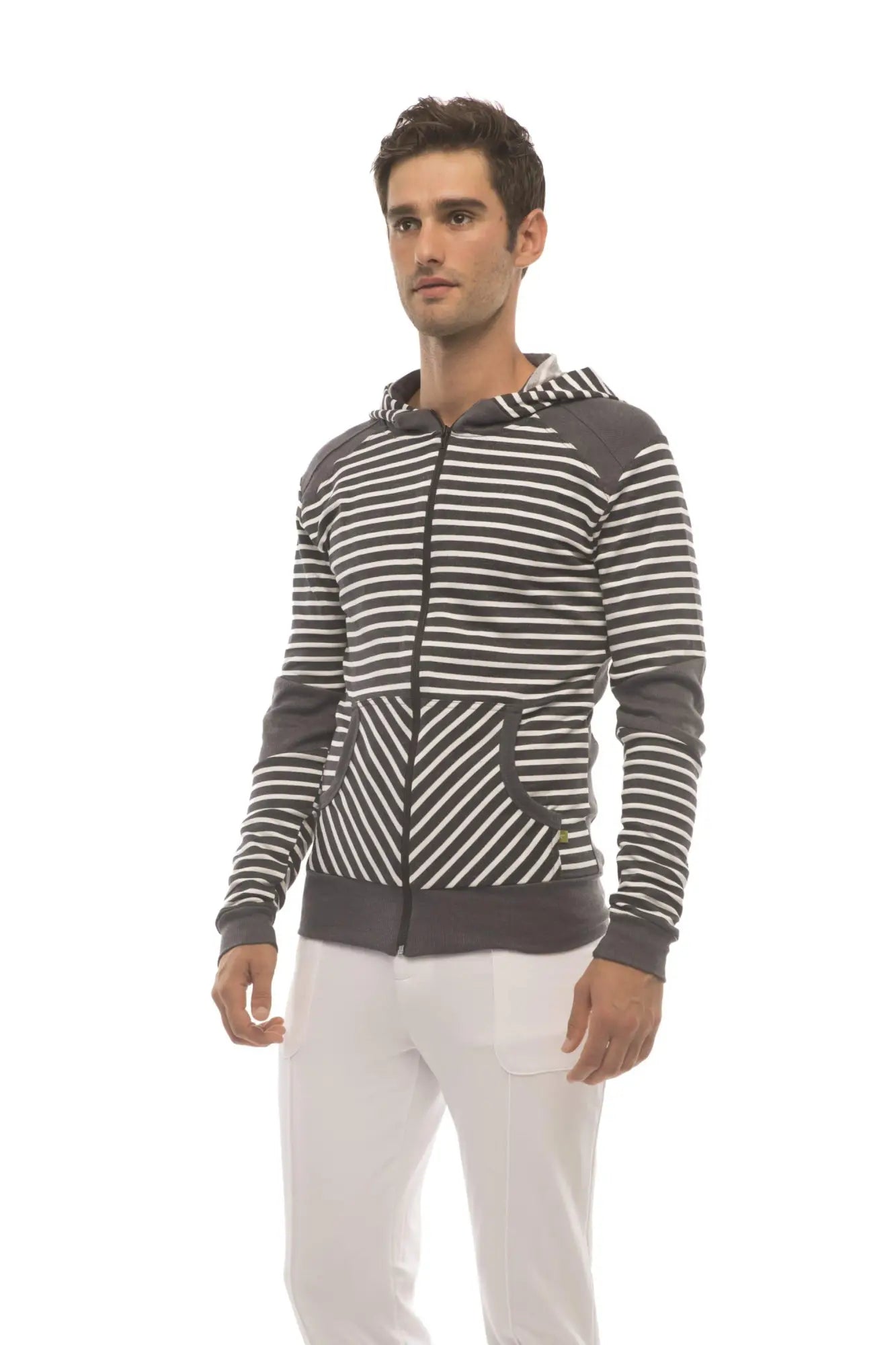 Men’s limited edition form-fit crossover yoga track fleece hoodie in charcoal with black and white stripes and gray panels