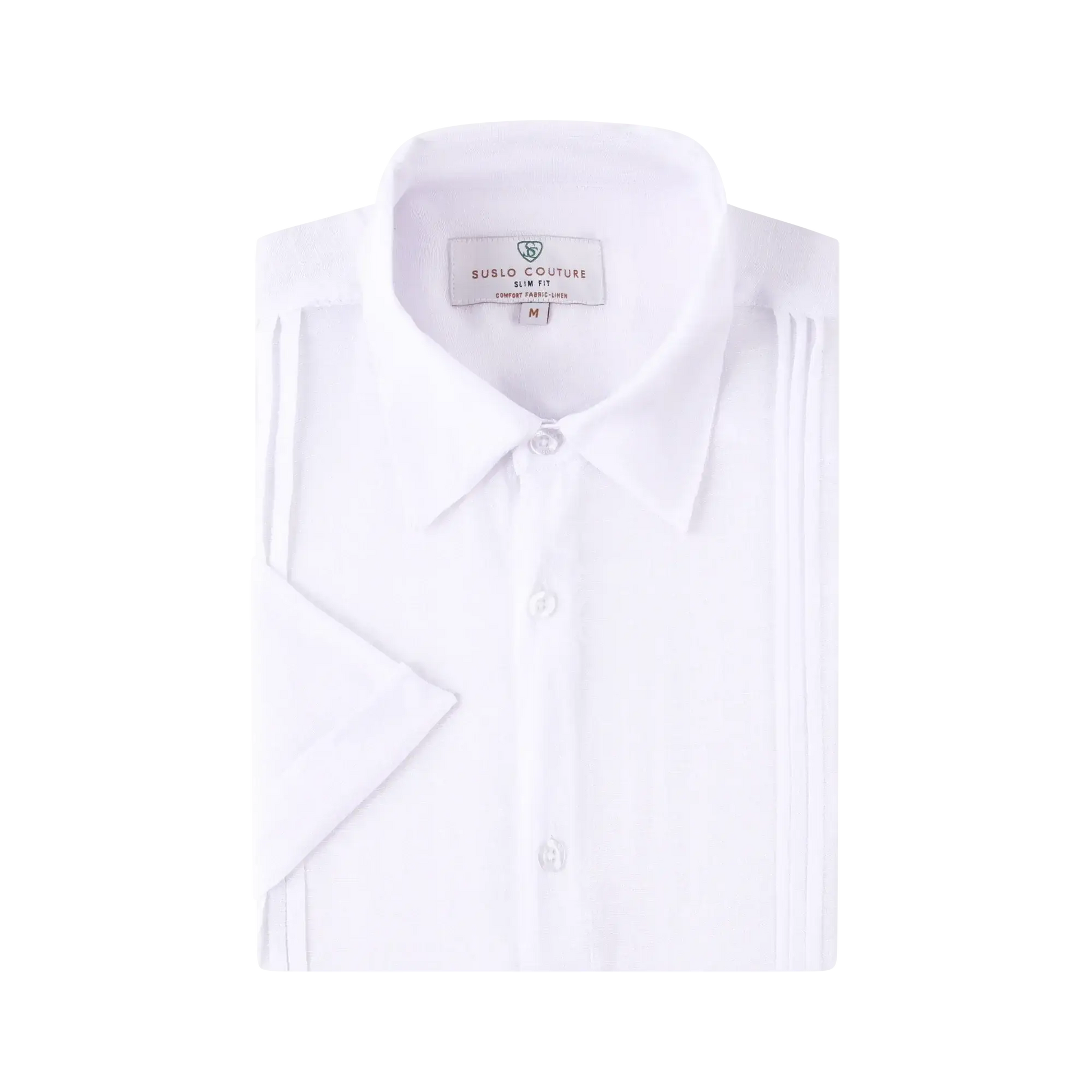 A crisp white linen air short-sleeved dress shirt with slim fit and subtle pleats featuring a classic collar