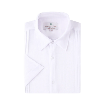 A crisp white linen air short-sleeved dress shirt with slim fit and subtle pleats featuring a classic collar