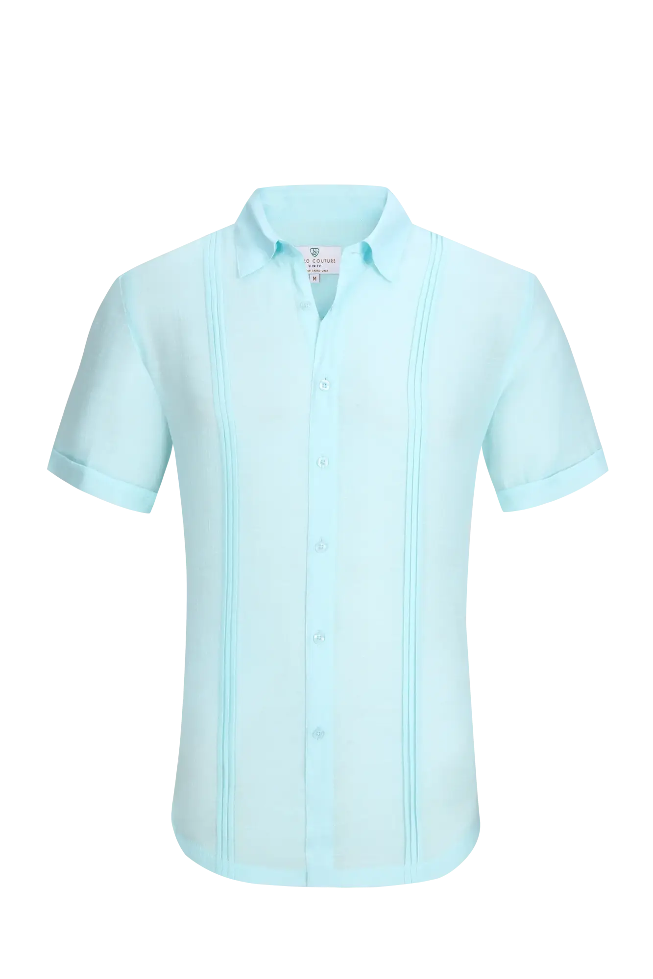A light blue linen air short-sleeved men’s shirt with a classic collar and vertical pleats along the sides