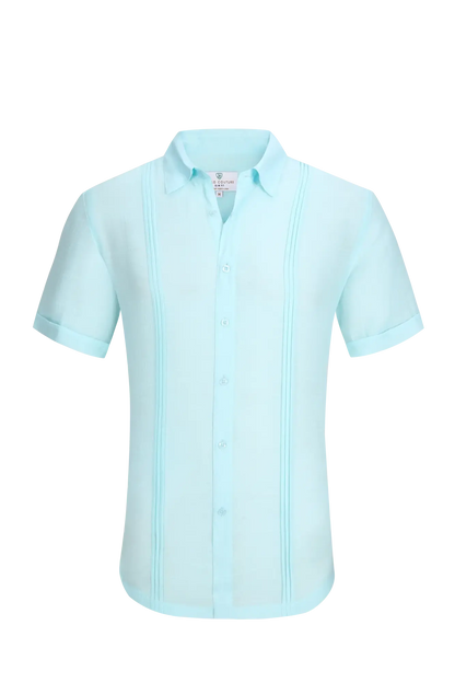 A light blue linen air short-sleeved men’s shirt with a classic collar and vertical pleats along the sides