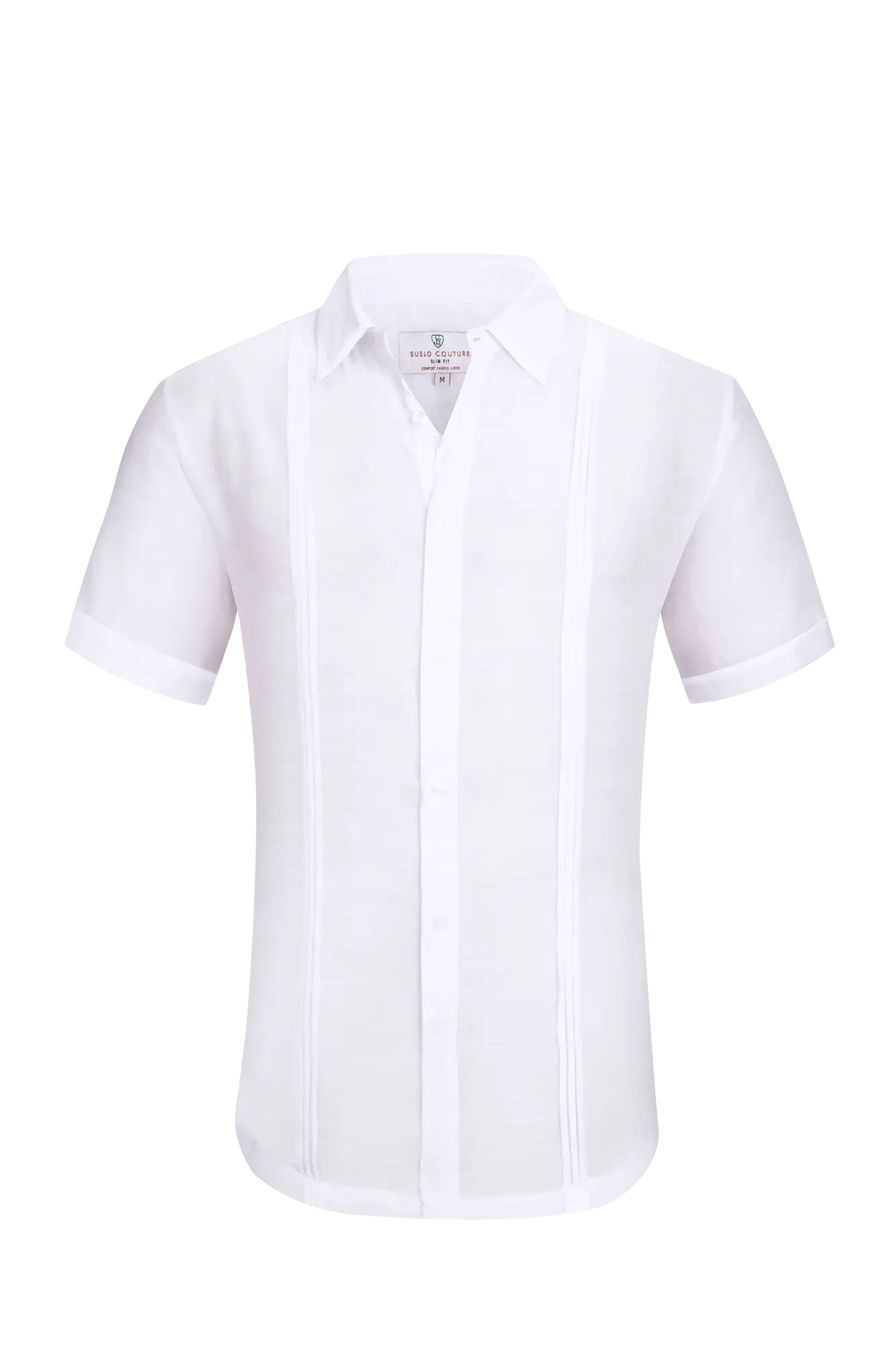 White linen air short-sleeved men’s formal shirt with crisp collar and vertical pleats down the front