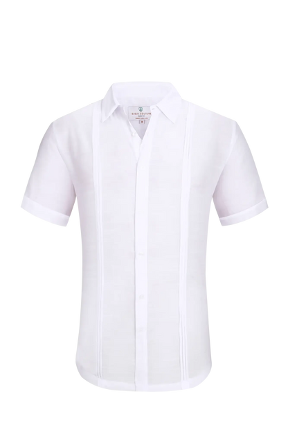 White linen air short-sleeved men’s formal shirt with crisp collar and vertical pleats down the front