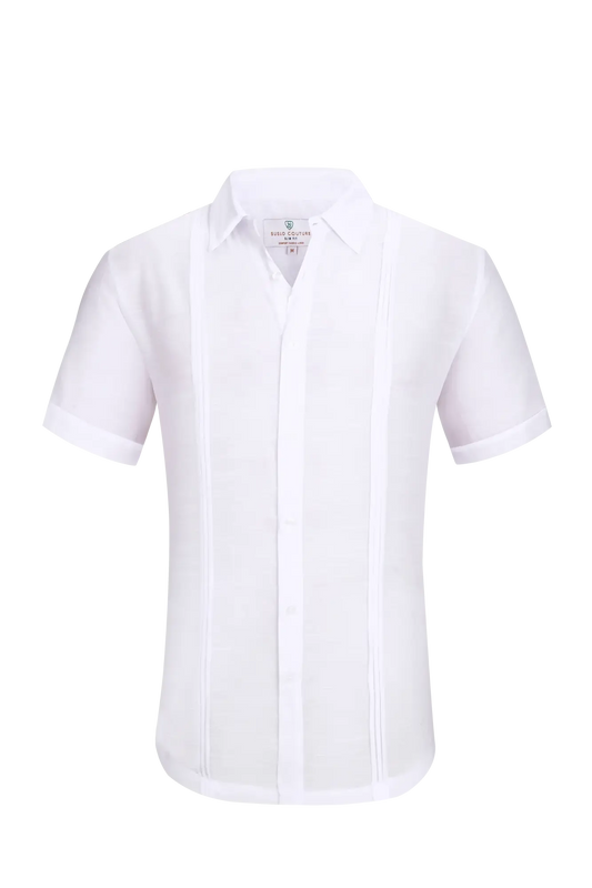 White linen air short-sleeved men’s formal shirt with crisp collar and vertical pleats down the front