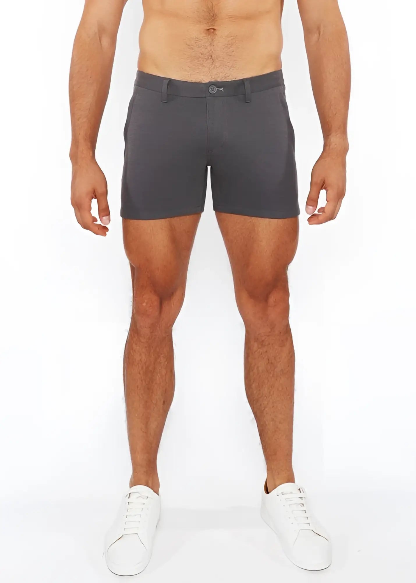 Dark gray linen-look textured chino shorts with classic fit belt loops and zip pockets for casual wear