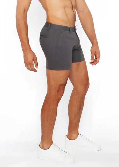 Dark gray linen-look textured tailored shorts with sleek modern design and zip pockets for stylish comfort