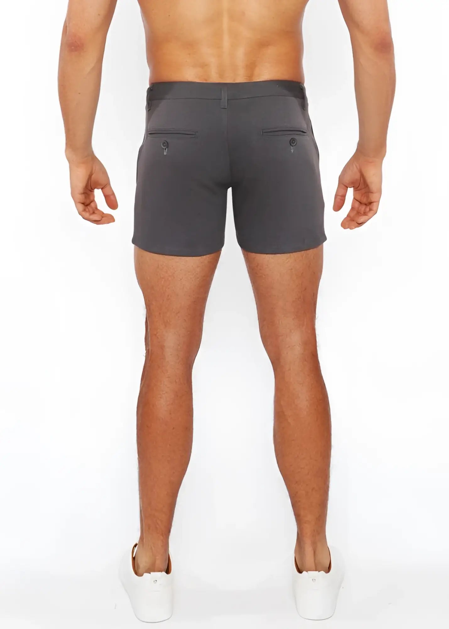 Dark gray linen-look textured tailored shorts shown from the back with two buttoned zip pockets