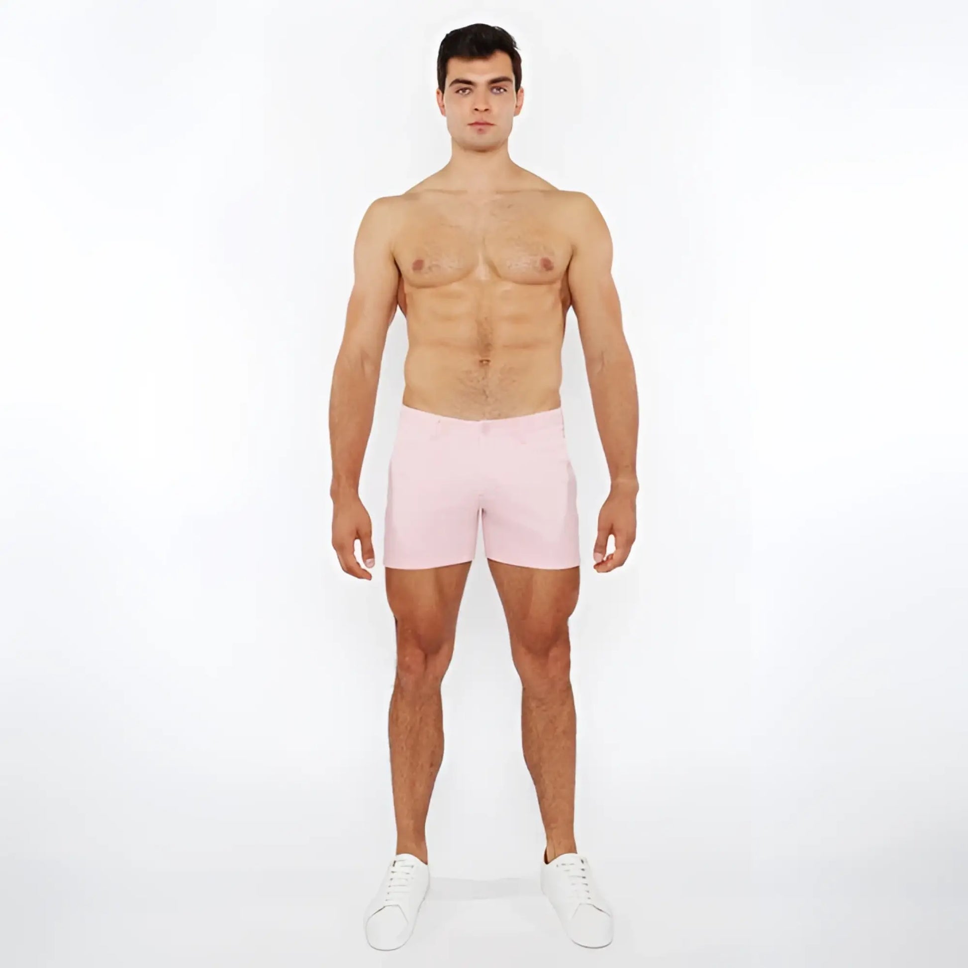 Pink linen-look textured athletic shorts with zip pockets perfect for activewear and casual use