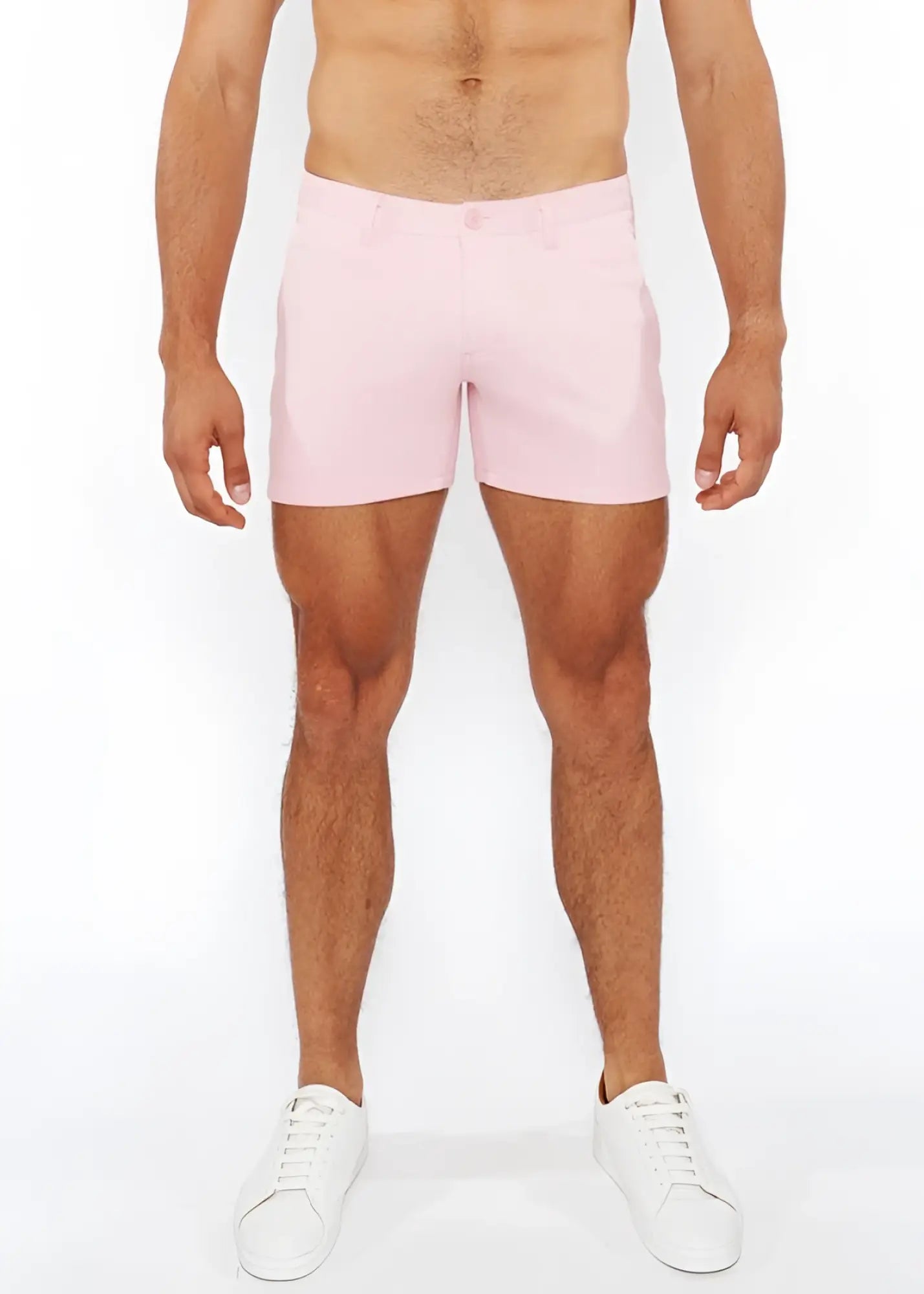 Pink linen-look textured men’s shorts with a clean tailored fit and subtle stitching details and zip pockets