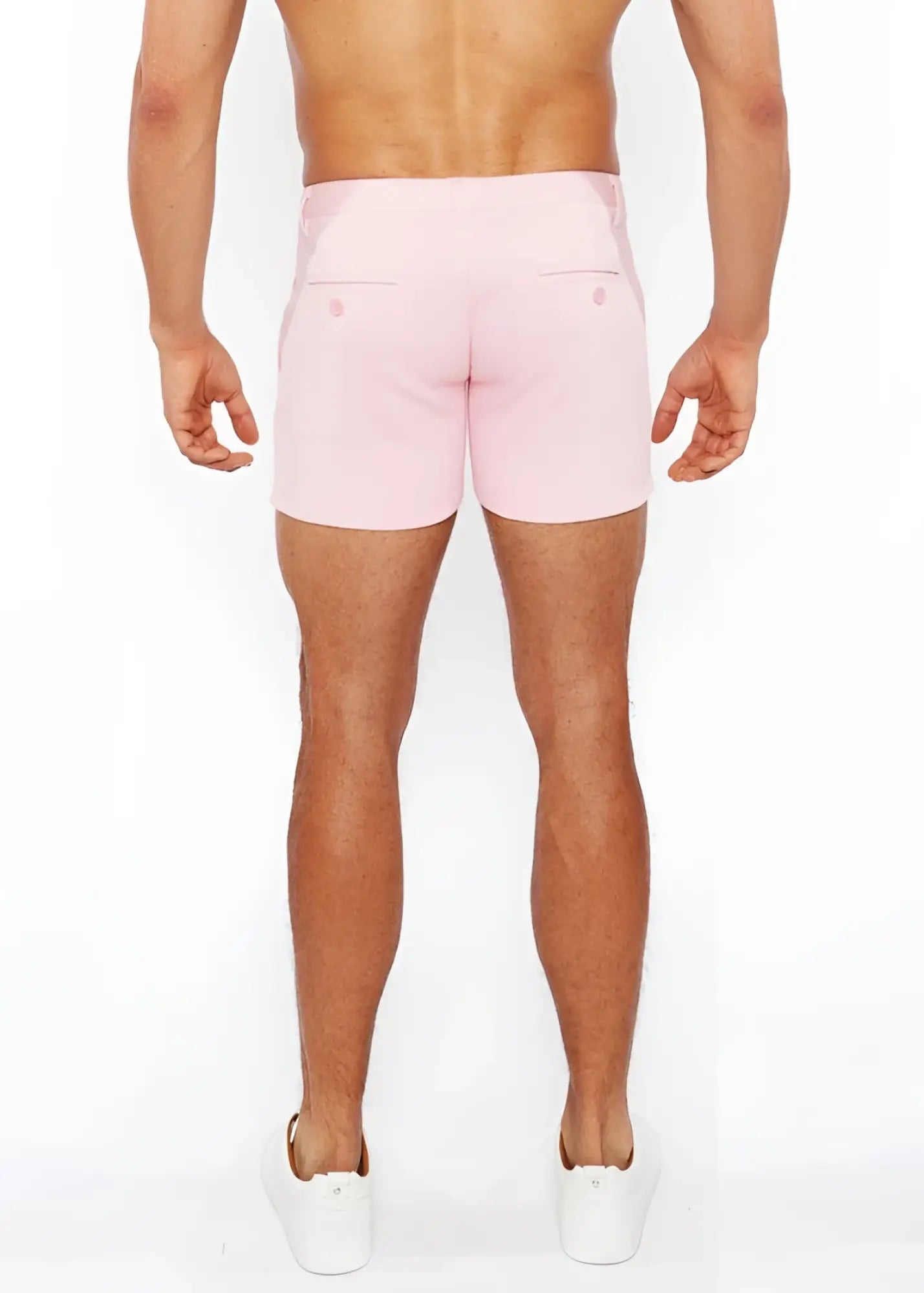 Pink linen-look textured men’s shorts with tailored fit and two back pockets shown from the back side