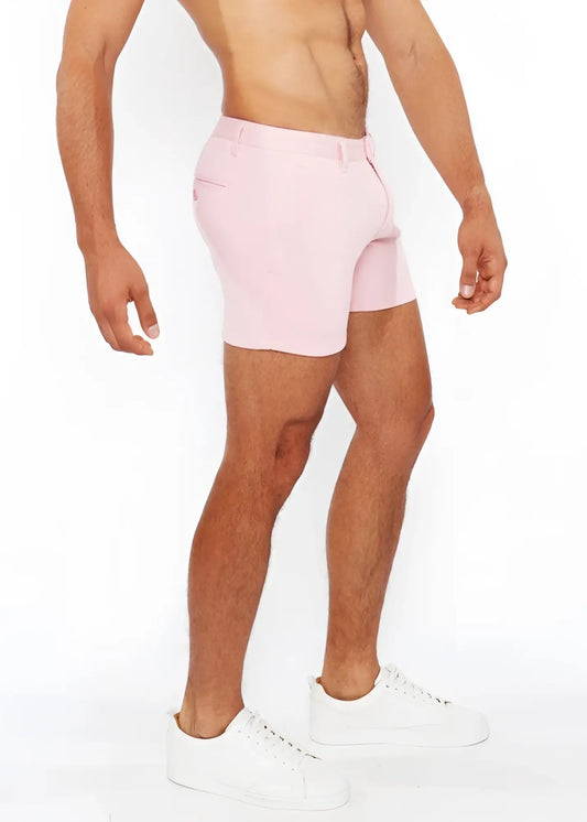 Pink linen-look textured tailored shorts with a clean modern cut and subtle zip side pockets