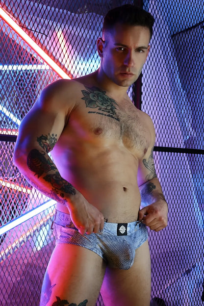 Blue patterned loaded denim brief with black and white logo on waistband in a soft cotton blend