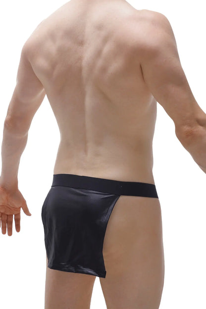 Black patent leather briefs loincloth ball-lifter fringes with a sleek glossy finish and high-waisted design