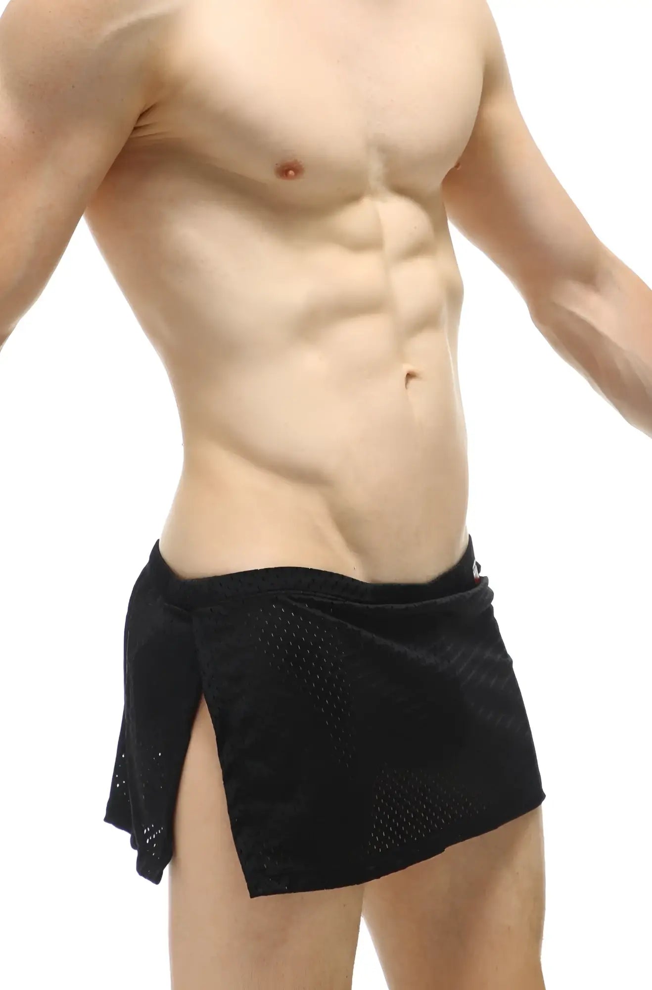 Loincth cloth bee black mesh athletic shorts with side slit and elastic waistband featuring a jockstrap